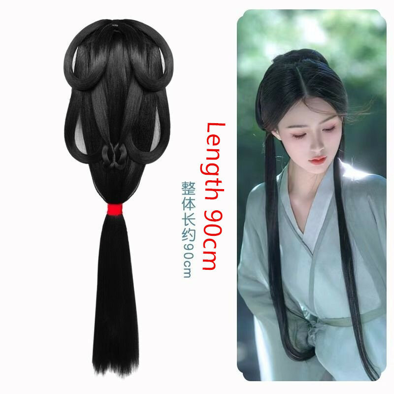 Peruca antiga chinesa para mulheres, perucas hanfu, cocar, fotografia, acessório de dança, coque de cabelo integrado, preto