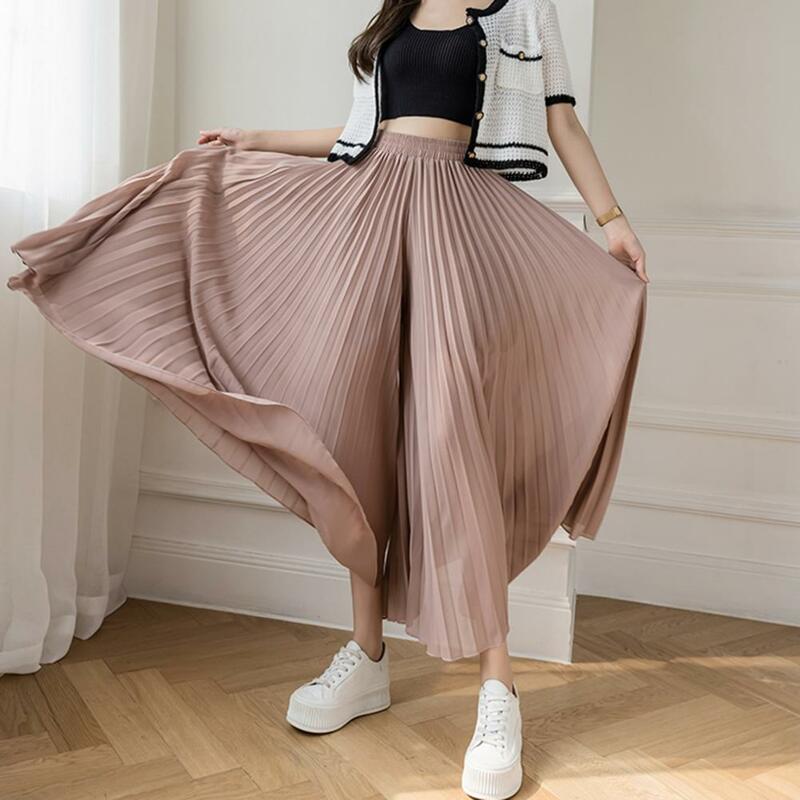 Loose Fit Pleated Trousers Elegant Wide Leg Chiffon Pants for Women High Waist Pleated Trousers Loose Fit Solid Color Streetwear