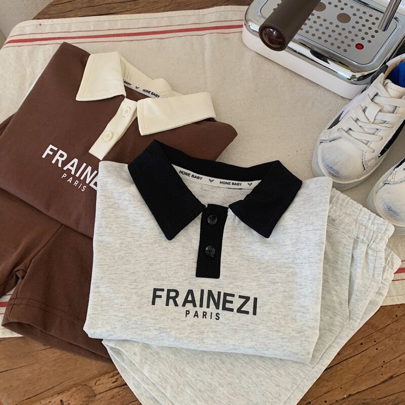 Children's Suit Summer Men's Medium and Small Children's Letter Color MatchingPOLOShirt Short Sleeve Two-Piece Suit Fashion F006
