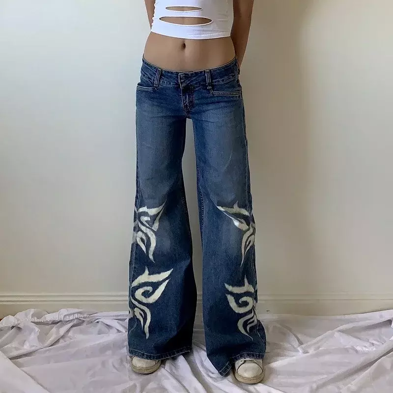 Dżinsy z nadrukami damskie w starym stylu nadruk z motylem jeansy damskie z szerokimi nogawkami 2024 jesień/zima nowe spodnie niski stan