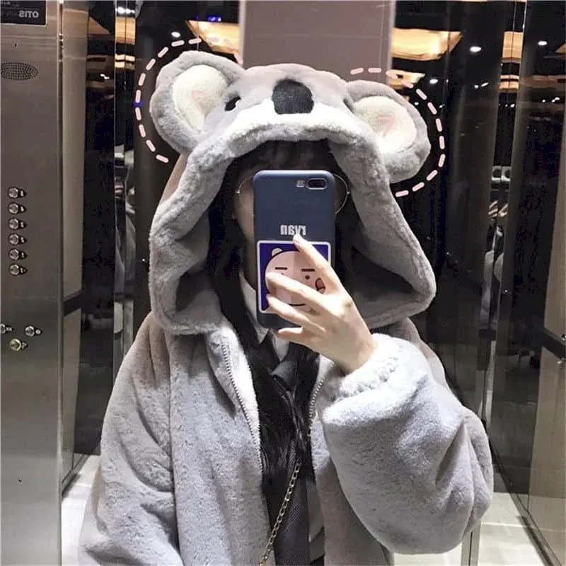 Jesienno-zimowe nowe japońskie miękkie dziewczęce słodkie Koala z kapturem kurtki pluszowa kurtka kobiet 2024 studentek pogrubione futrzane płaszcze damskie