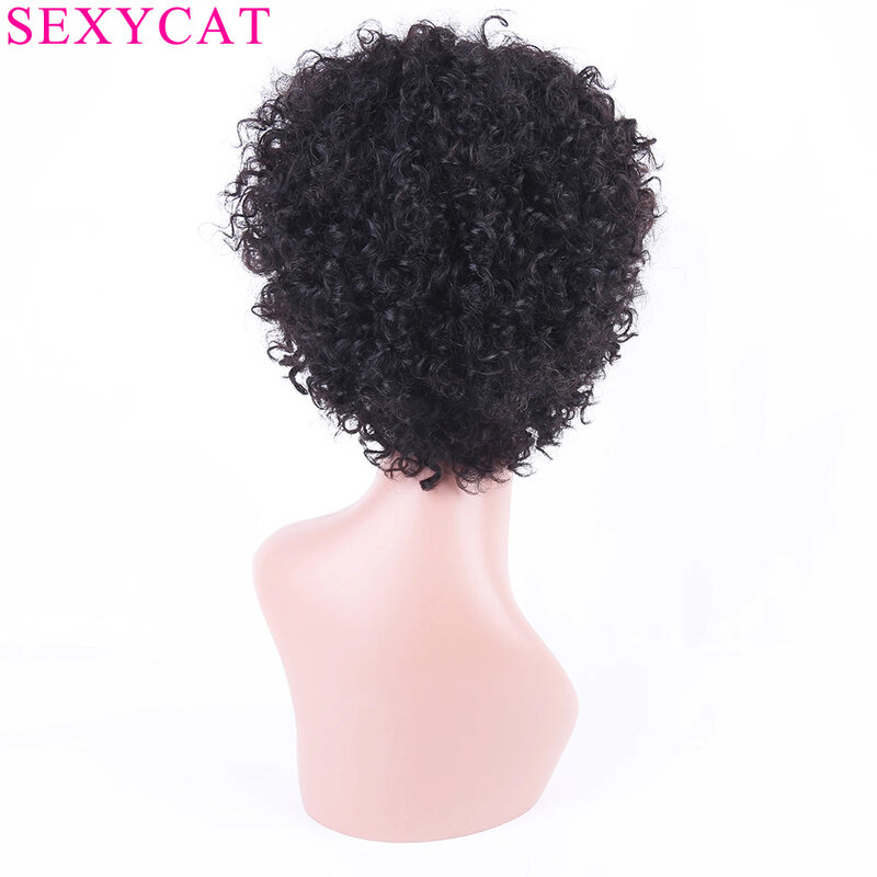 SexyCat wig potongan Pixie keriting rambut manusia 6 inci wig depan tidak ada renda pendek keriting rambut manusia hitam wanita warna alami
