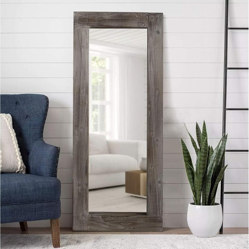 Full Length Mirror Floor Wood Frame Wall Mounted Mirror Distressed Style Wide Frame Dressing Make Up Mirror for Bedroom