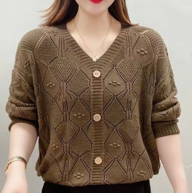 Women's Clothing V-Neck Casual Hollow Out All-match Knitted T-shirt Autumn Fashion Solid Button Patchwork Pullovers Sweaters
