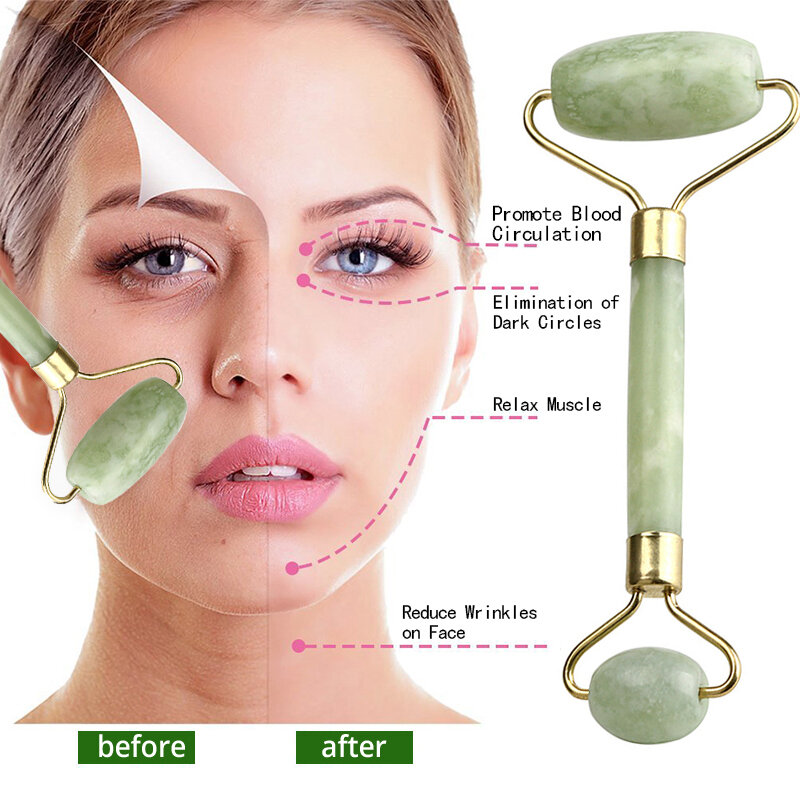 Natura Jade przyrząd rolujący do masażu twarzy podwójne głowice kamień lifting twarzy relaksacji skóry upiększające masażer do twarzy