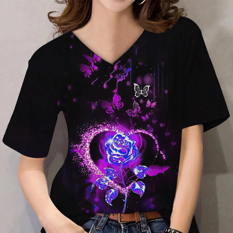 Женская футболка с V-образным вырезом, с цветочным принтом
