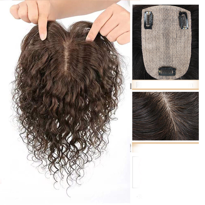 Topper de cabello humano Marrón Natural transpirable para mujer, peluquín brasileño virgen, piezas de cuero cabelludo, capa superior, Pelo Rizado