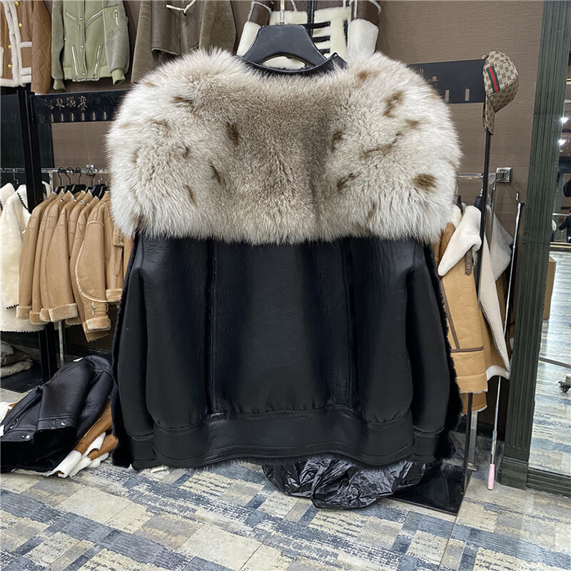 Chaqueta de piel de oveja Merina 2023 Natural auténtica para mujer, abrigo grueso y cálido de lujo con cuello de piel de zorro Real para invierno