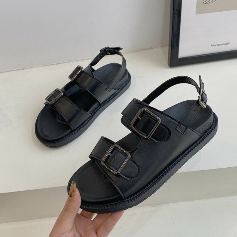 Word Buckle Sandals Women Open Toe Women's Shoes New Summer Shoes PU Leather Mid-heel Platform Sandals Wedges Shoes for Women