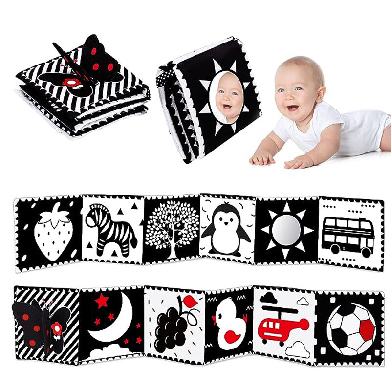 Libro sensorial de tela para bebé, juguetes para cama de 0 a 12 meses, cuna, parachoques, blanco y negro, libros silenciosos de animales, Montessori