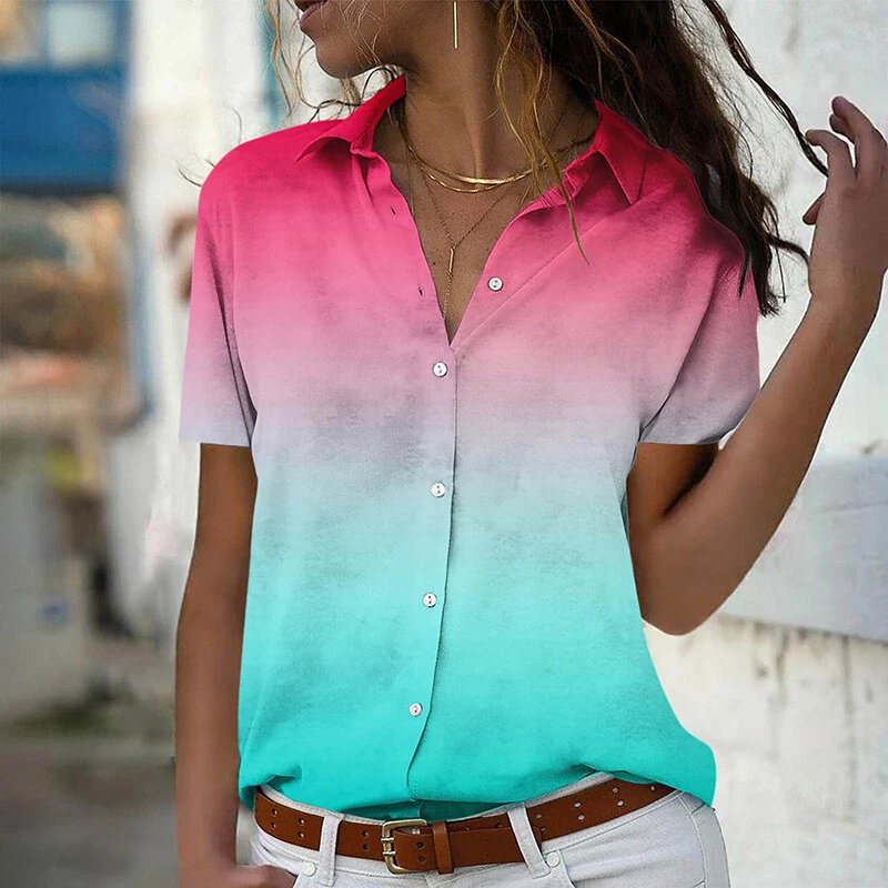 Рубашка женская с градиентным 3D принтом, Элегантная блузка с коротким рукавом, Топ в стиле Харадзюку, оверсайз, на пуговицах, лето