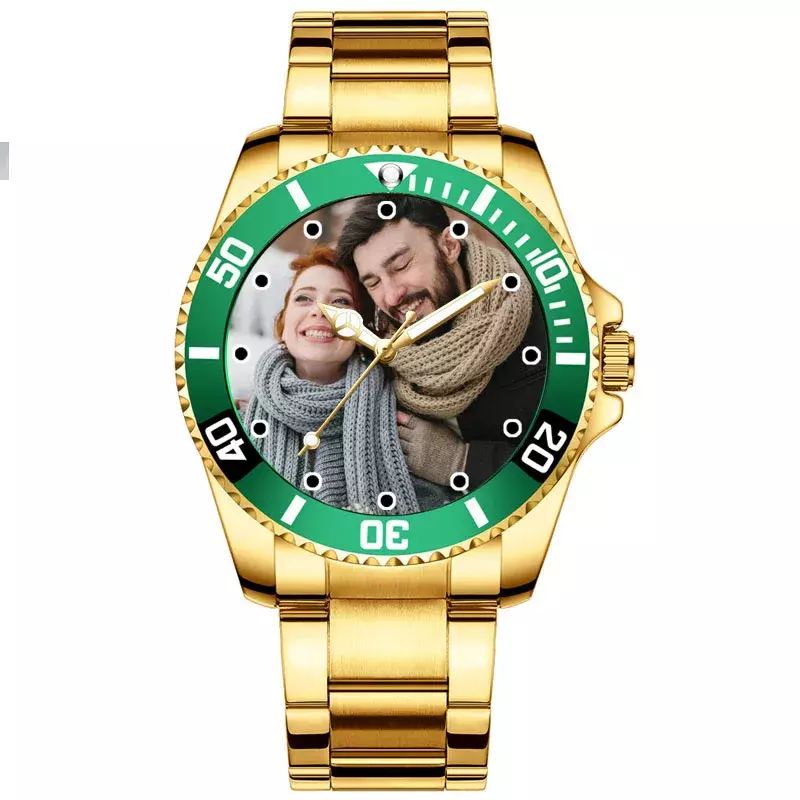 Goldene Männer Uhr benutzer definierte Foto Uhr Edelstahl Bild druck Uhr Logo Bild benutzer definierte Fotos Persönlichkeit Armbanduhr
