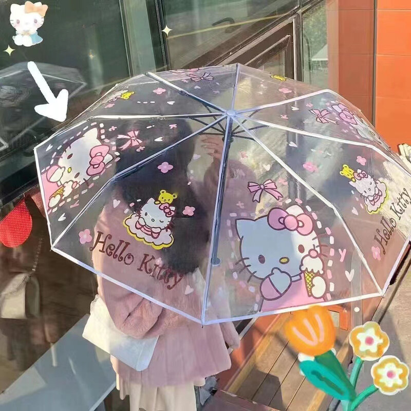 Guarda-chuva dobrável Sanrio para estudante, desenhos animados bonitos, automático, Hello Kitty, Kuromi, Mymelody, Cinnamoroll
