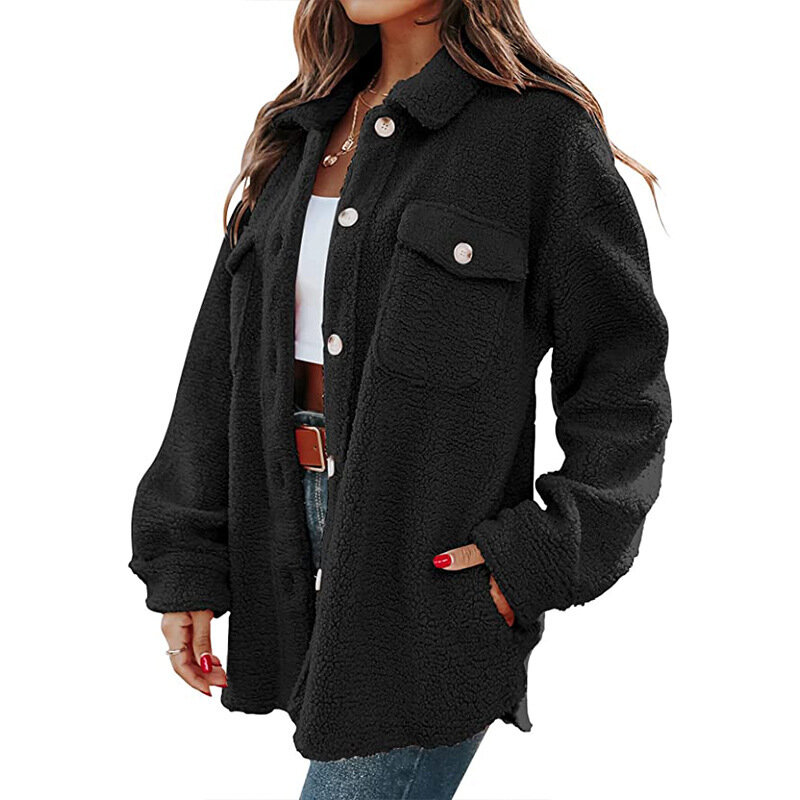 Jaket wanita berkerah satu baris, kemeja mantel musim gugur dan musim dingin saku modis kasual