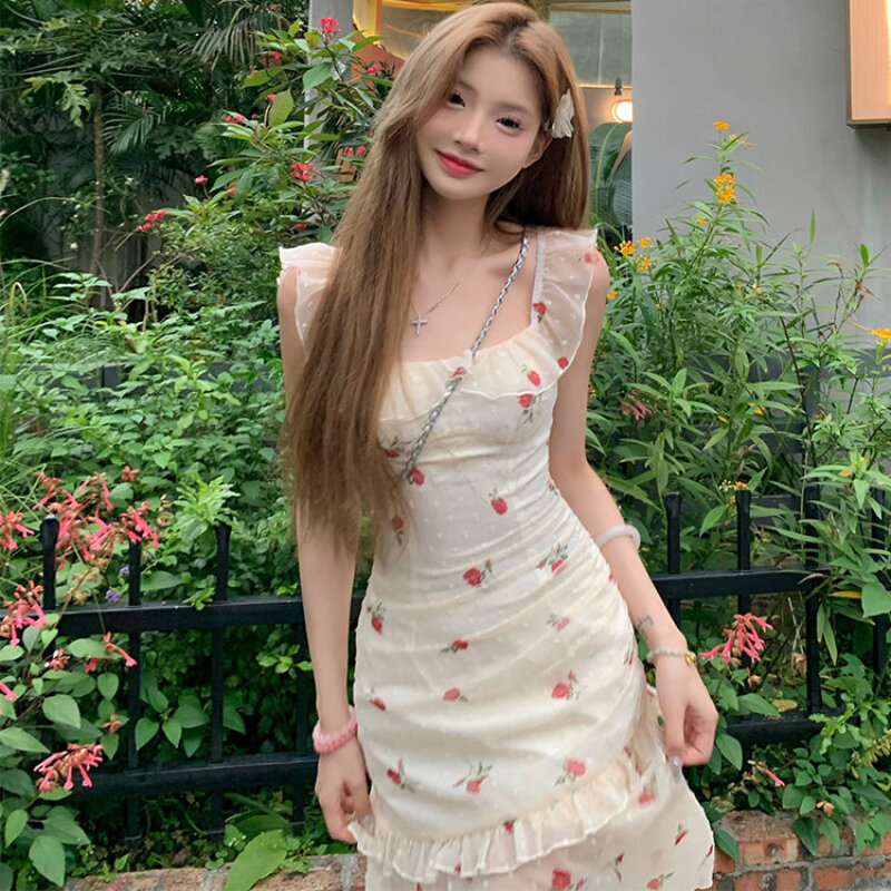 Houzhou elegante vestido floral doce, vestido Kawaii Resort, sem mangas, sexy irregular, patchwork, vestidos longos, verão