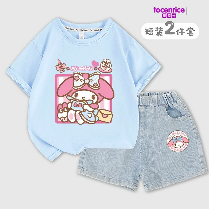 Sanrios Kids My Melody Children's Short-Sleeved Shorts Two-Piece Set Girl Cotton T-Shirt Denim Shorts Summer Casual Kids Clothes