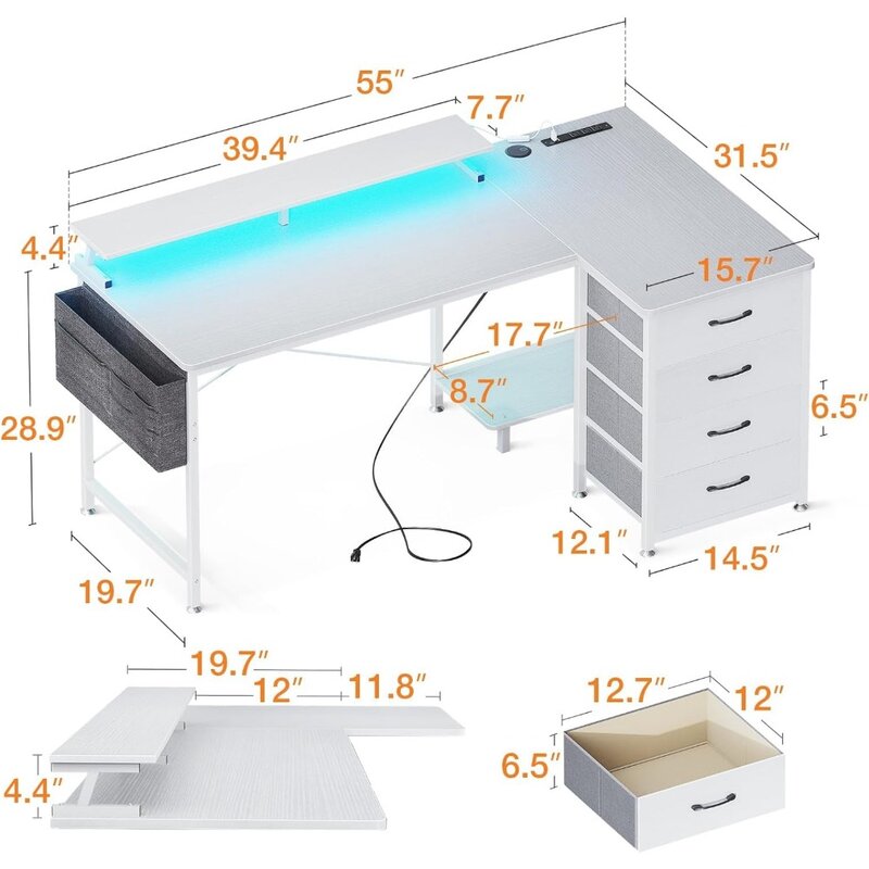 ODK-reversível L Shaped Desk Computador, Mesa Gaming com 4 camadas de tecido gavetas, luzes LED, 55"