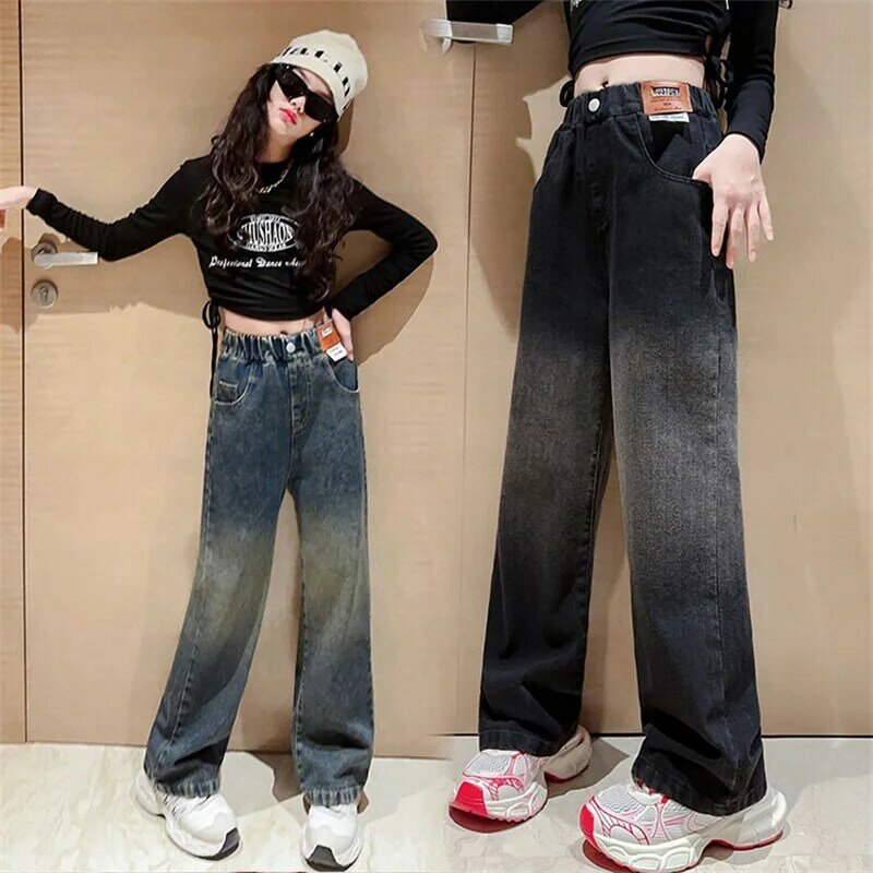 Dziewczęce wiosenne i jesienne dżinsy 2024 nowa koreańska wersja dzieci z gradient szerokimi nogawkami 6-15 lat