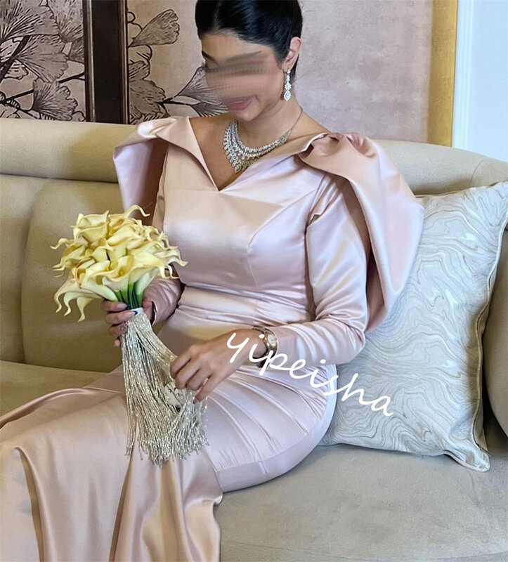 Gaun pesta malam Prom Satin terbungkus ulang tahun putri duyung V-neck Bespoke gaun acara panjang es Saudi Arabia