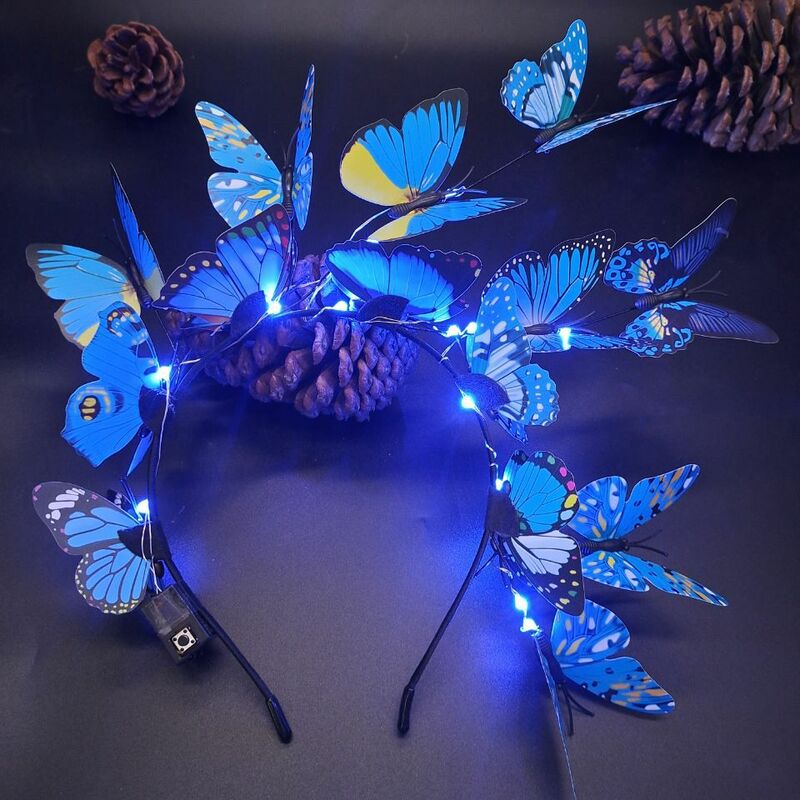 Diadema con correa de mariposa brillante LED para niña, fiesta de cumpleaños de mariposa colorida para cinta de pelo, tocado de novia, accesorios para fotos, 2023