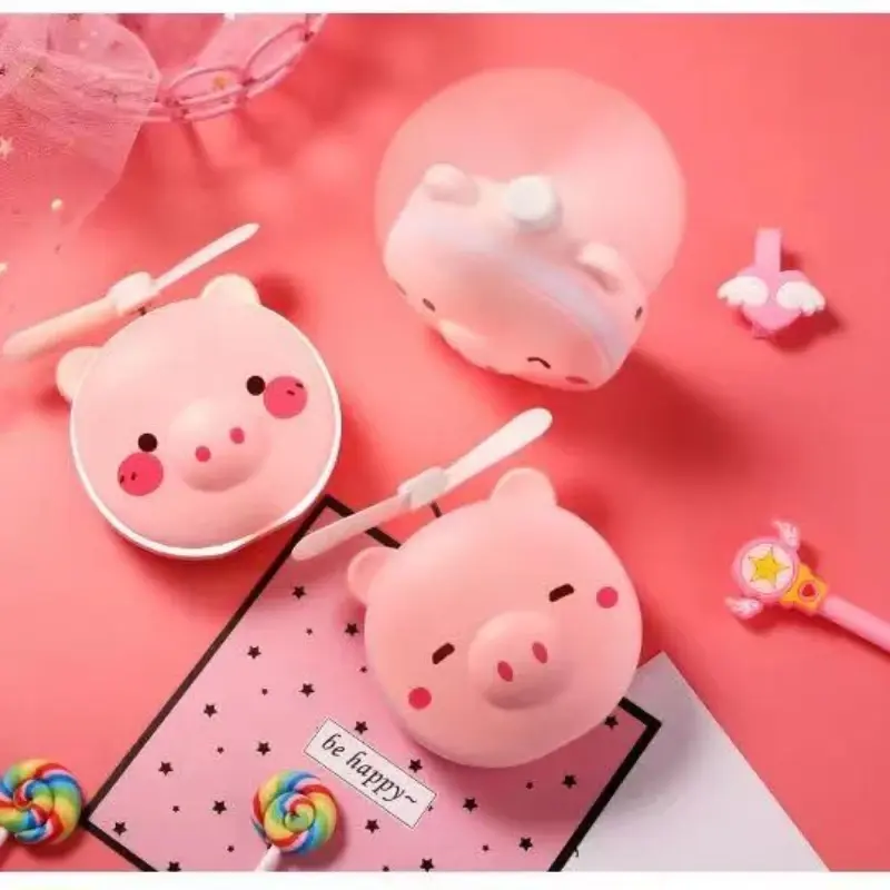 Kipas Mini USB, cermin kecantikan babi kecil dengan lampu kecantikan siswa portabel dapat diisi ulang cermin rias LED kipas cermin