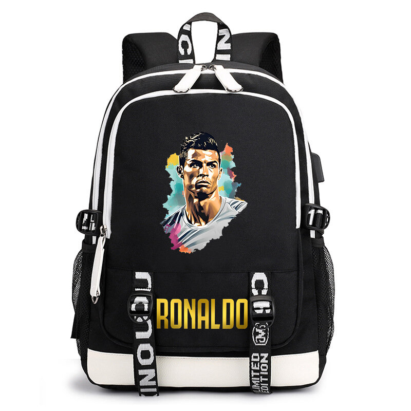 Ronaldo-Cartable imprimé pour étudiants, sac de voyage extérieur SR pour enfants, sac décontracté noir, campus, procureur