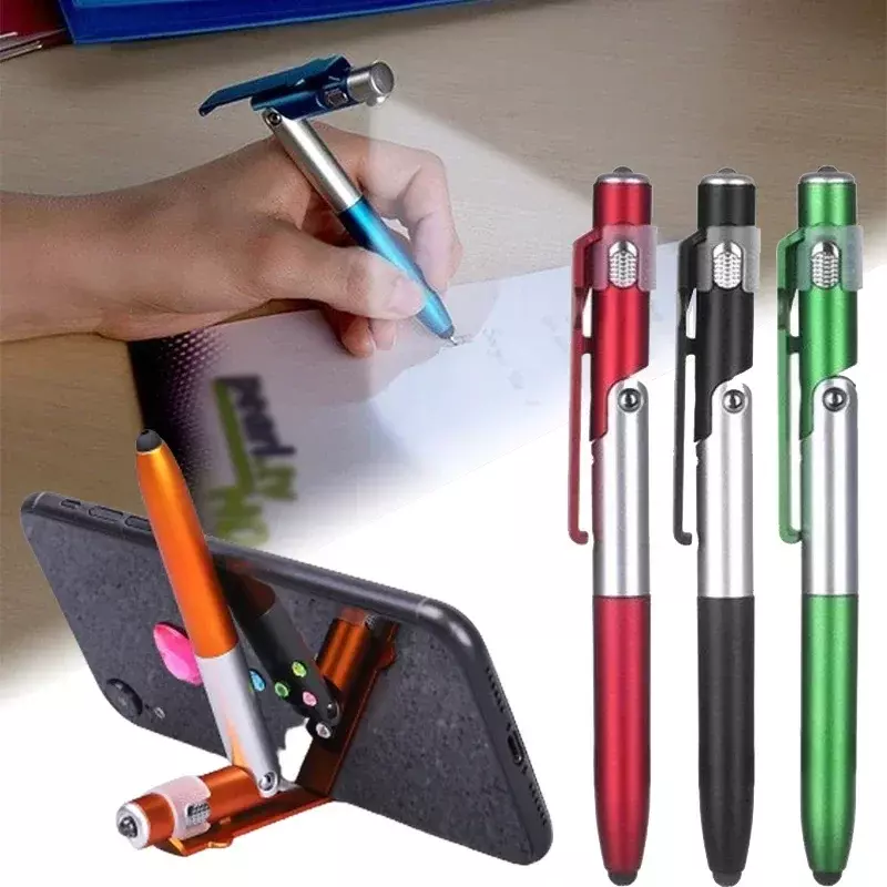 4 In 1 bolpoin multifungsi, pena dengan lampu LED lipat pemegang telepon membaca malam menulis pensil kantor sekolah alat tulis murid