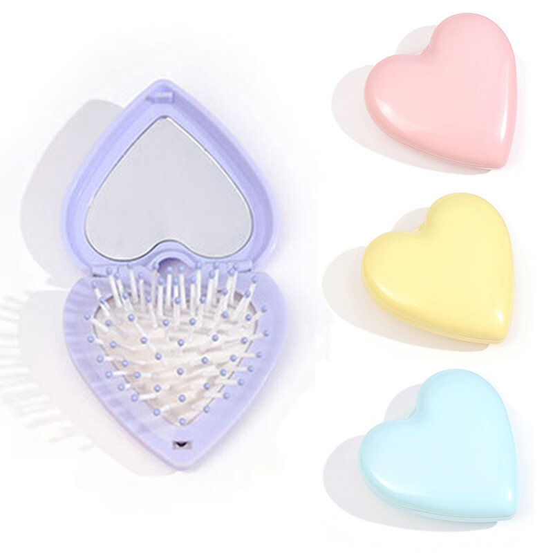Pocket Hair Brush Small Size Hair Comb With Folding Mirror Heart Shape Portable Massage Folding Comb For Purse Travel Brush Tool