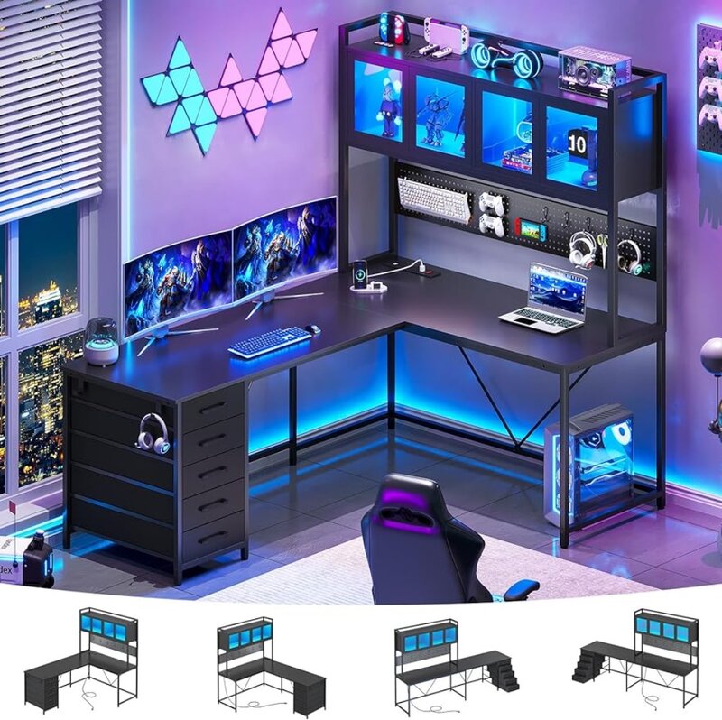 L Shaped Gaming Desk com luzes LED, mesa reversível do computador, Pegboard, gavetas e tomada de energia