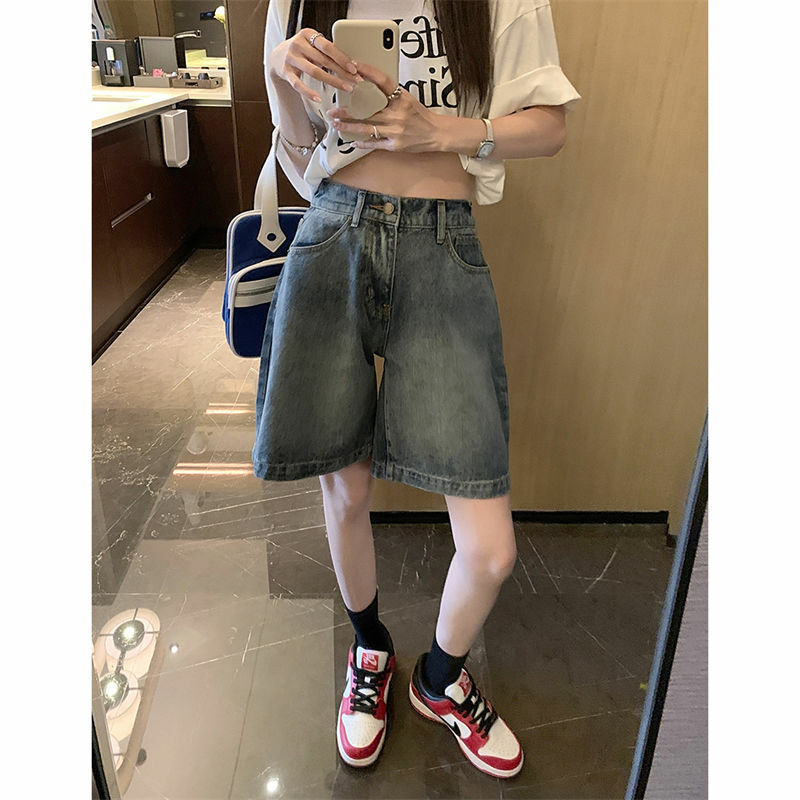Pantalones cortos vaqueros de cintura elástica para mujer, pantalón holgado, estilo Retro de Hong Kong, Capris versátiles, ajustados, de cintura alta, novedad de verano