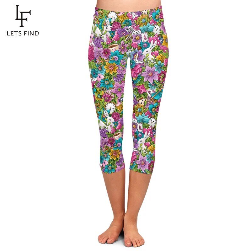 LETSFIND – Leggings Capri taille haute pour femmes, imprimé de fleurs colorées, lapin, éléments café, pantalon de Fitness, été