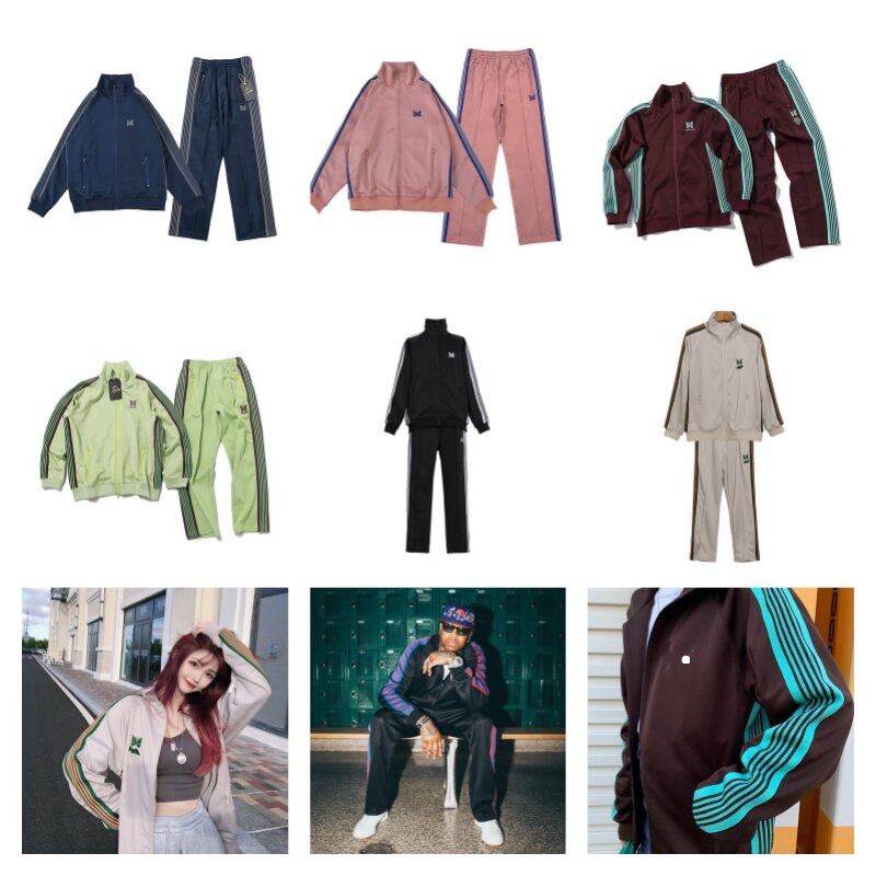 New Embroidered Nee dles Butterfly Jacket Best Quality Mens Womens Striped Sweatshirt Casual Nee dles Drawstring Pants