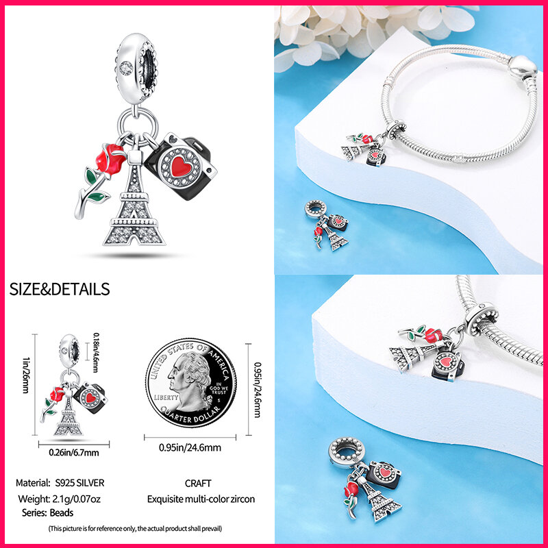 Original 925 Sterling Silver Charm Beads, série de viagem, salto alto, batom charme, adequado para pandora pulseira, moda, 2024