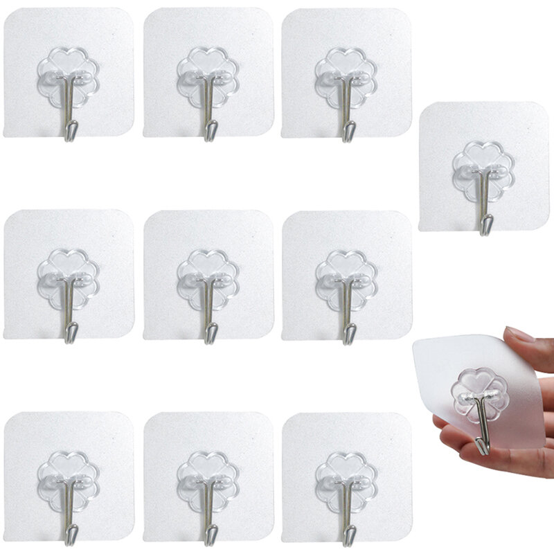 10PCS Transparent Stainless Steel Strong Self Adhesive Hooks Key Storage Hanger for Kitchen Bathroom Door Wall Multi-Function