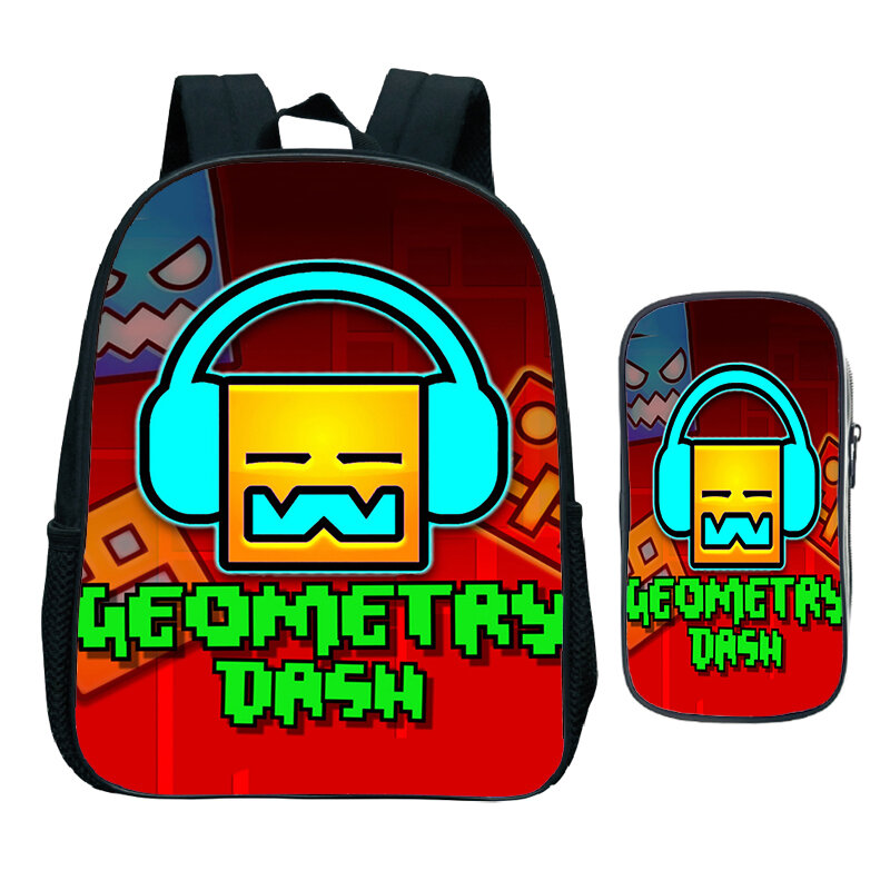 Angry Geometry Dash Backpack Pen Bag 2pcs Set Boys Girls Kindergarten Bag Funny Cartoon Pattern Softback Schoolbag Kids Backpack
