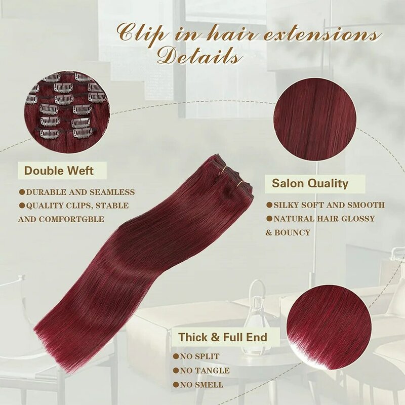 Straight Clip in Hair Extensions Real Human Hair Skin Weft Seamless Clip ins 7PCS Burgundy Color 99J# For Women 22-24 Inch 100g
