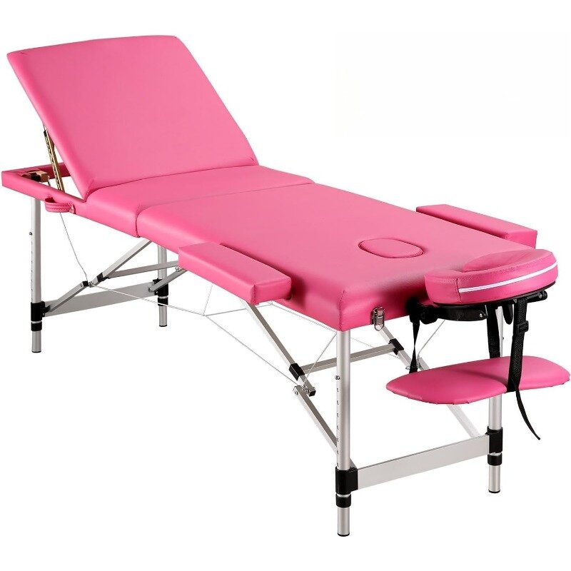 Lettino da massaggio portatile 3 pieghe 23.6 "largo, lettino da massaggio in alluminio regolabile in altezza con poggiatesta, braccioli e borsa per il trasporto