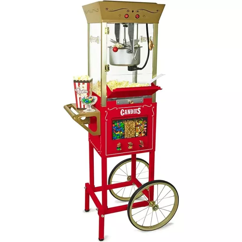 Nostalgia Vintage 8 Ounce  Popcorn Cart Makes Up to 32 Cups, Three Storage Candy & Kernel Dispenser Also for Nuts, Chocolate,Red