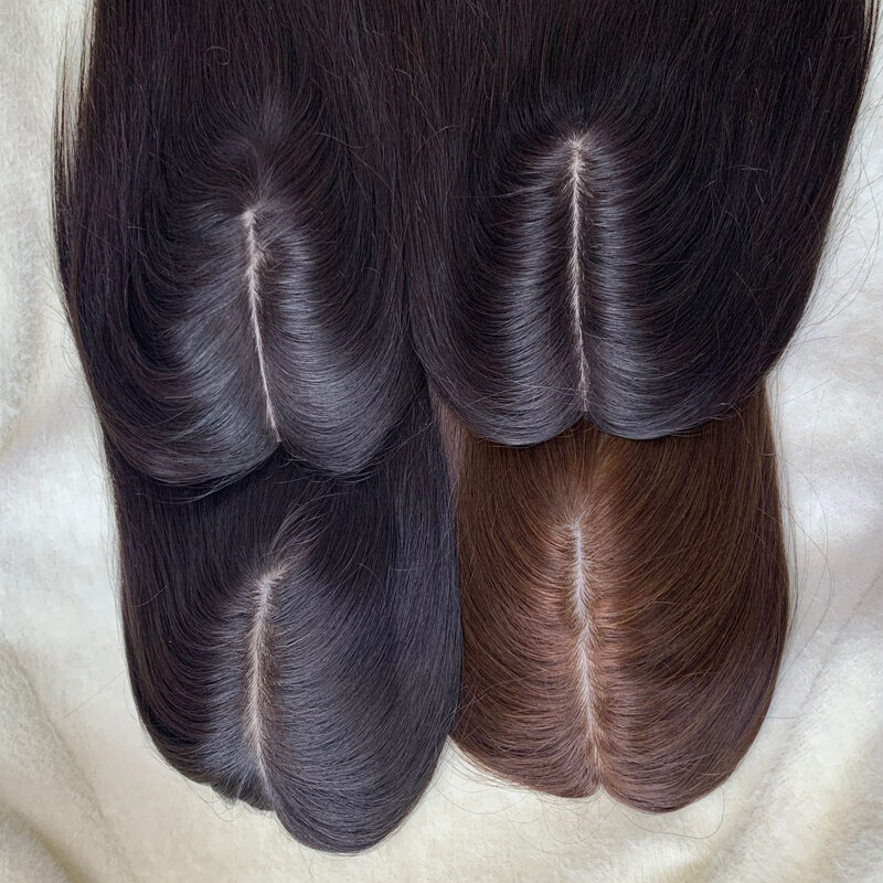Base de seda completa para mujer, peluquín de cabello humano liso con 5 Clips, piezas de cabello humano virgen, reemplazo de cabello marrón, 9x14