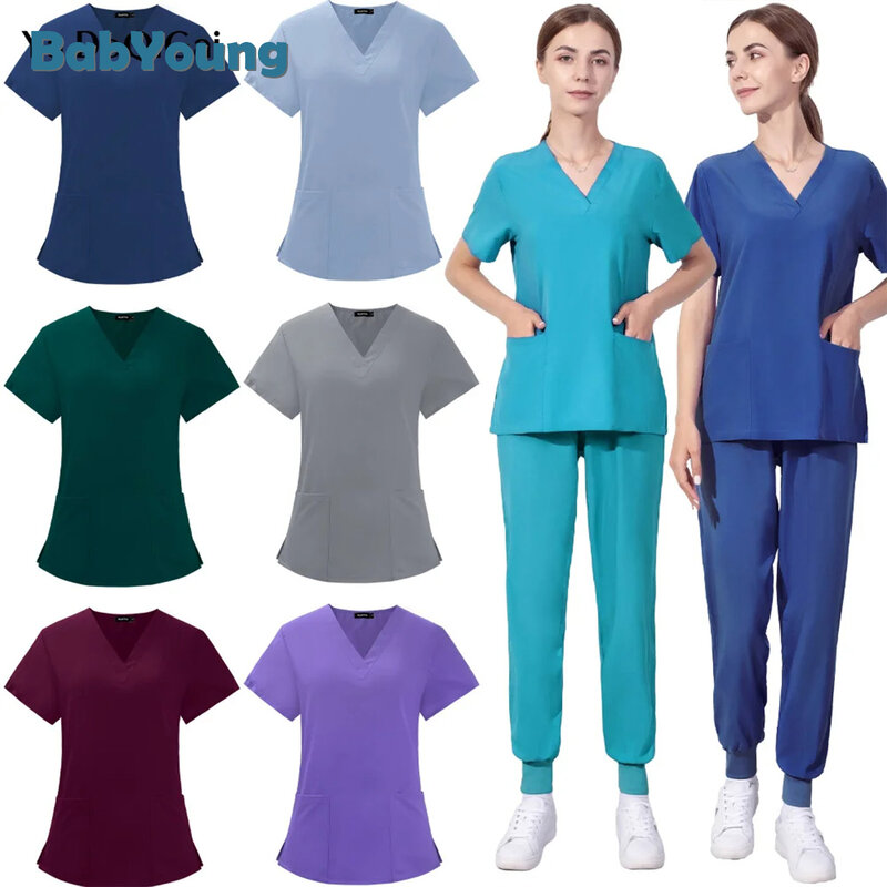 Workwear enfermagem mulheres esfrega calças elásticas por atacado uniforme de trabalho feminino manga curta pescoço topos dental hospital scrubs ternos