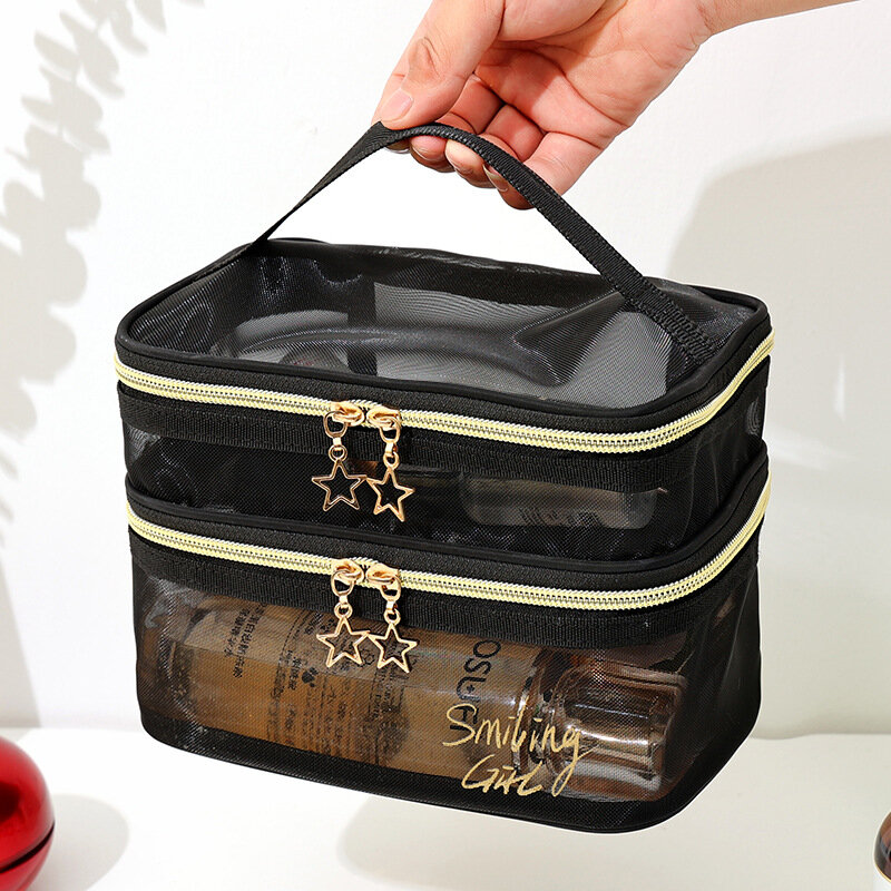 بسيط أسود شبكة ماكياج المنظم تخزين الحقيبة عادية زيبر أدوات الزينة غسل أكياس يشكلون النساء السفر حقيبة مستحضرات التجميل حزمة