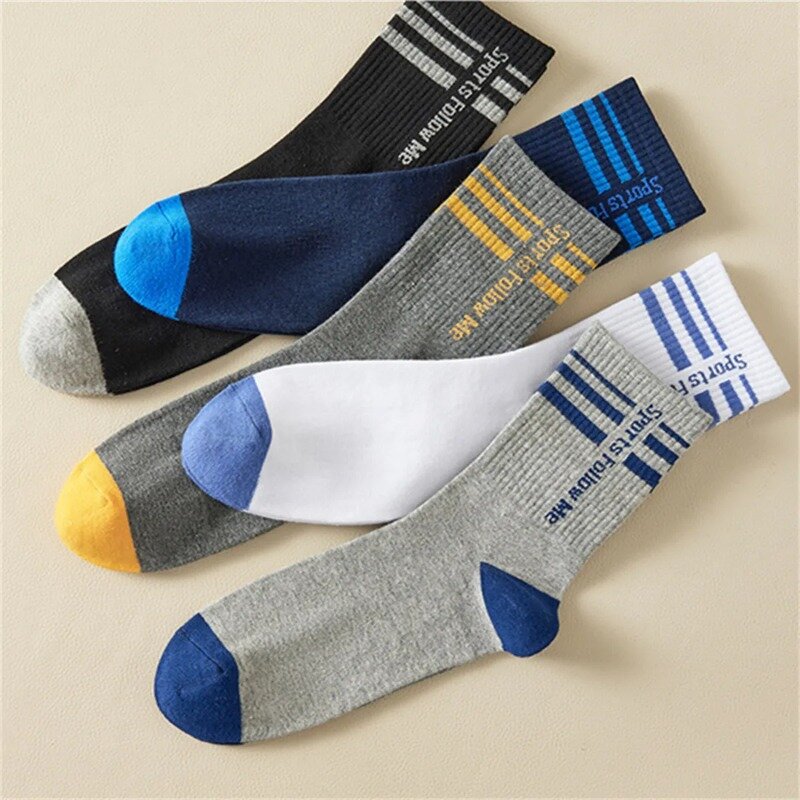 5Pairs/lot Socks Men's Autumn Winter Solid Color Sports Socks Letter Print Men Breathable Middle Tube Socks
