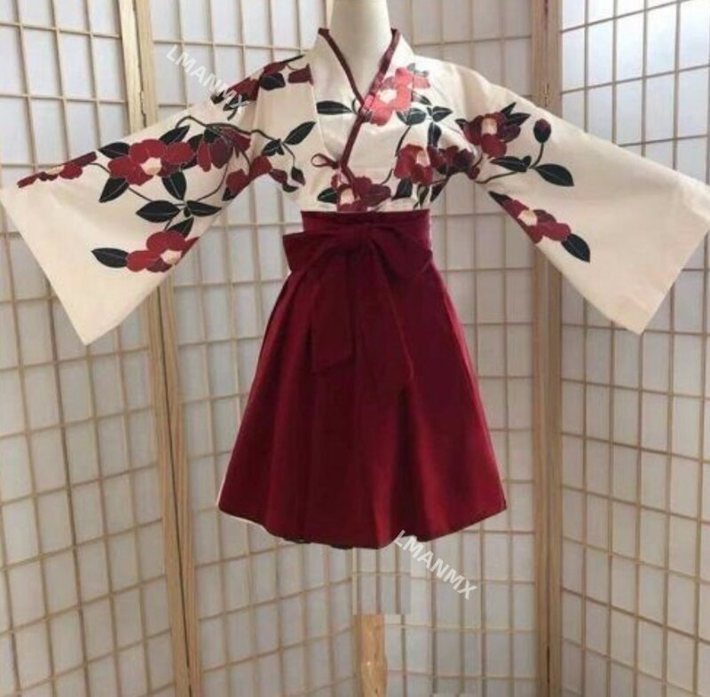 Kimono Sakura Girl Japanese Style Floral Print Vintage Dress Woman Oriental Camellia Love Costume