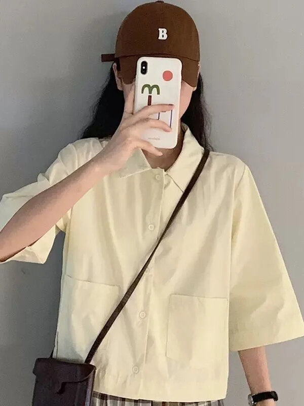 Zoki Pure Cotton Simple Cargo Shirts Women Korean Loose Casual Blouse Vintage Preppy Style Solid Pockets All Match Retro Tops