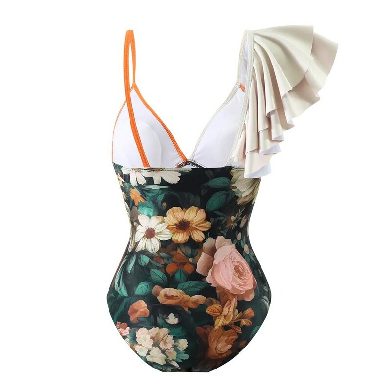 Costume da bagno intero donna stampa costumi da bagno con volant floreali 2024 donna Deep V Bikini Summer Beach Wear costume da bagno costumi da bagno
