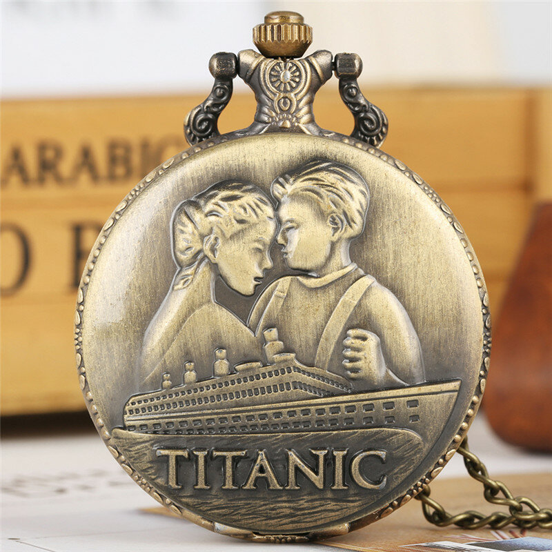 Jam Perunggu Diukir Titanic Desain Penuh Pemburu Kuarsa Jam Saku untuk Pria Wanita Kekasih Jam Tangan dengan Rantai Sweter Hadiah Reloj