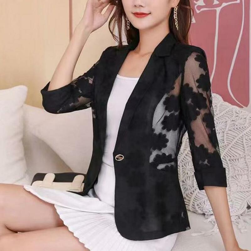 3/4 Sleeves Jacket Women Thin Stylish Summer Lapel 3/4 Sleeve See-through Flower Mesh Yarn Stitching One Button Pockets Suit