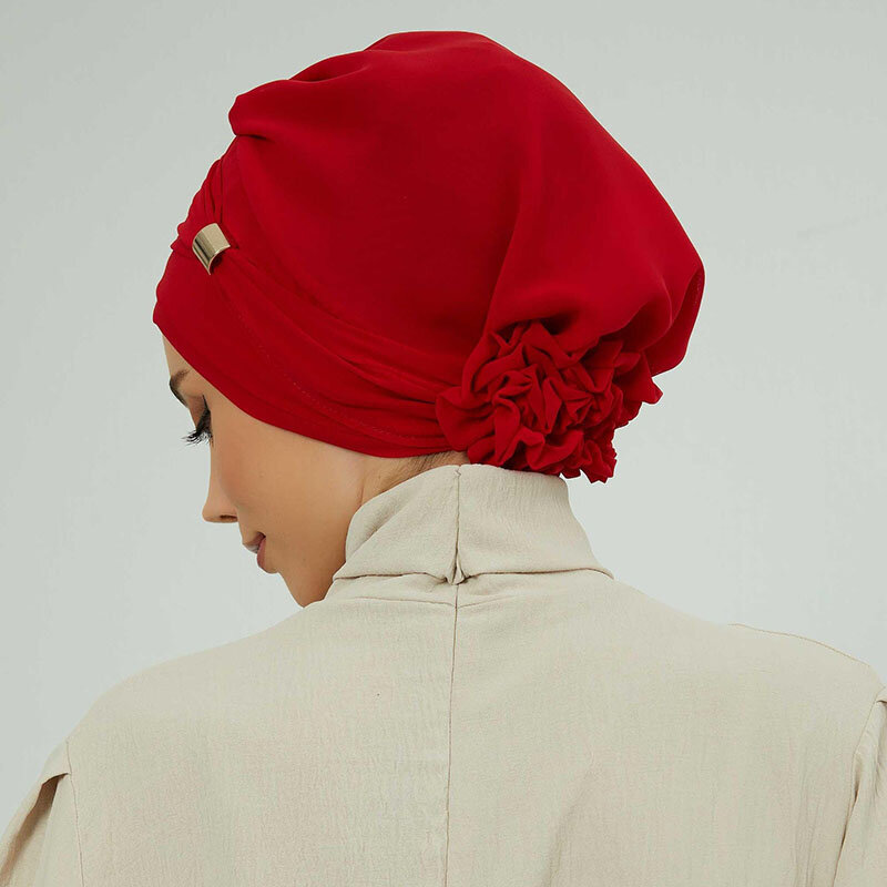 Solid Fashion Muslim Turban Women's Hat Hijabs Cotton Headscarf Metal Buckle Decoration New Design