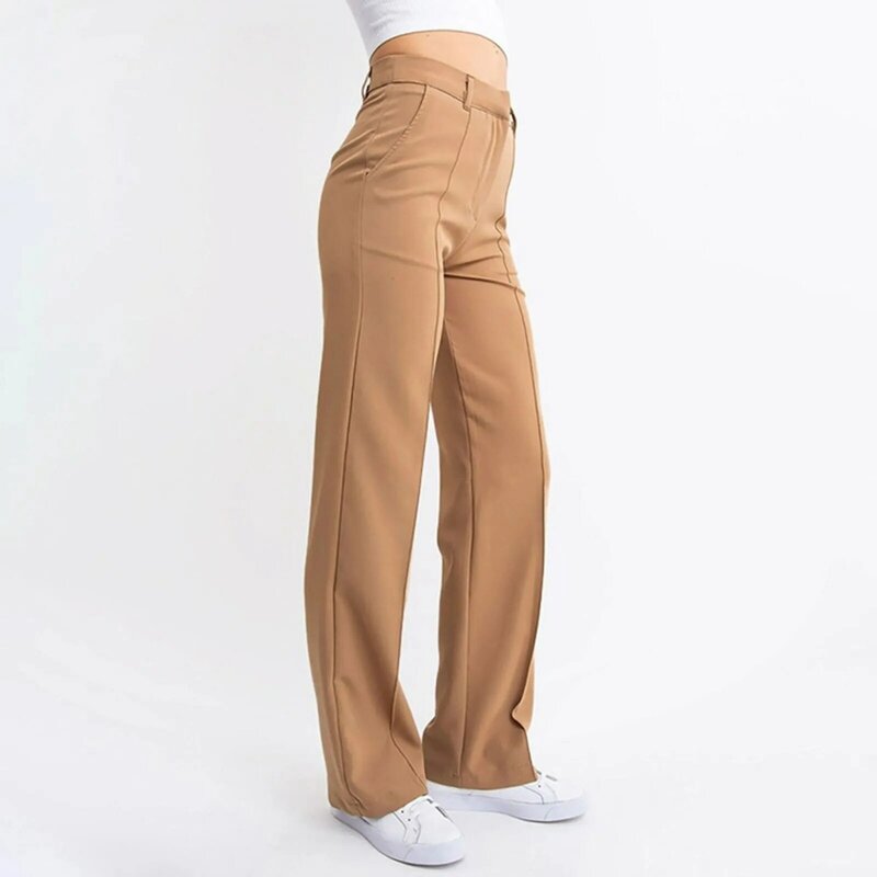 Celana panjang kaki lebar untuk wanita, celana panjang kasual warna polos pinggang tinggi langsing simpel untuk wanita