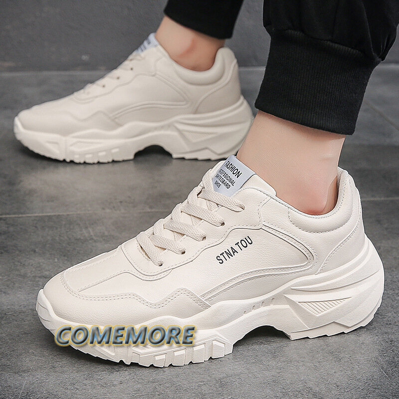 Chunky Sneakers-Chaussures de course blanches décontractées pour hommes, chaussures à plateforme en PU pour hommes, chaussures canisées à tête ronde, chaussures à lacets d'été, mode printemps